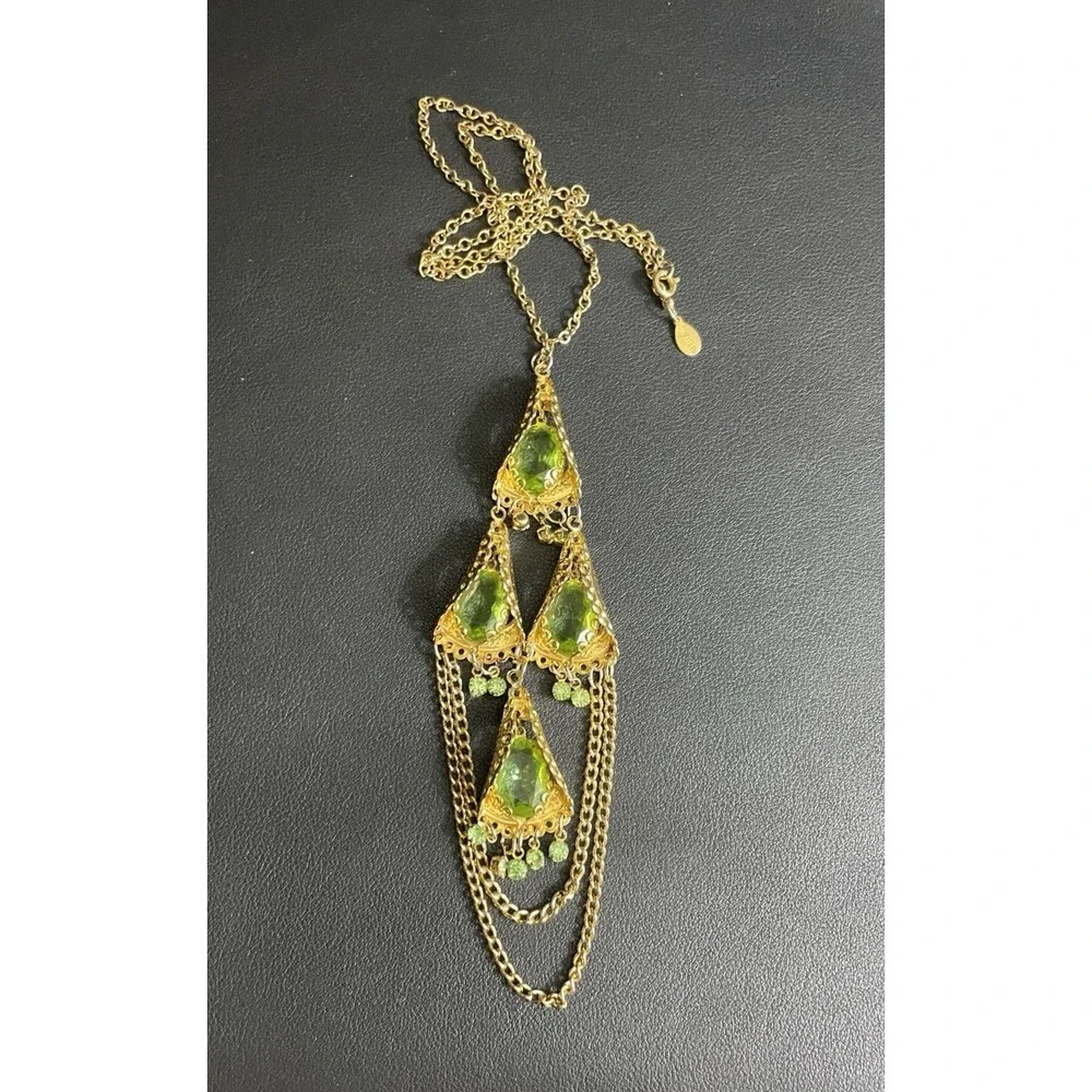 Vintage PARK LANE Necklace Rhinestone Green Gold Tone 22" Long Statement GLOW - Picture 5 of 16